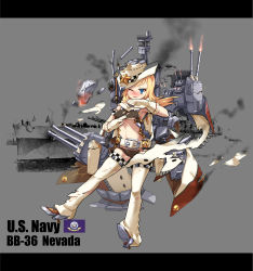 Rule 34 | 1girl, absurdres, anchor, armpits, belt, black panties, blonde hair, blue eyes, blush, broken, cannon, cape, chain, character name, covered erect nipples, cowboy hat, damaged, fire, flag of the united states navy, full body, gloves, hat, highres, machinery, midriff, military, military vehicle, nevada (warship girls r), official art, one eye closed, open mouth, panties, photo background, propeller, radar, remodel (warship girls r), ship, sirills, smoke, solo, star (symbol), text focus, thighhighs, torn clothes, turret, underwear, uss nevada (bb-36), warship, warship girls r, watercraft, white cape, white gloves, white hat, white thighhighs