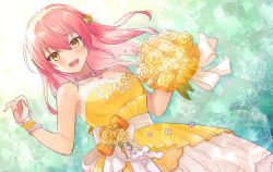 Rule 34 | 1girl, blush, bouquet, bride, dress, dutch angle, flower, hair flower, hair ornament, highres, holding, holding bouquet, idolmaster, idolmaster cinderella girls, jewelry, jougasaki mika, looking at viewer, necklace, patterned background, pearl necklace, pink hair, round teeth, saeki saiki, smile, solo, straight hair, strapless, strapless dress, teeth, wedding dress, wrist cuffs, yellow dress, yellow eyes
