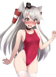 Rule 34 | 1girl, alternate costume, amatsukaze (kancolle), blush, breasts, brown eyes, choker, collarbone, commentary request, competition swimsuit, covered navel, cowboy shot, fang, groin, hair tubes, highleg, highleg swimsuit, kantai collection, long hair, looking at viewer, nose blush, one-piece swimsuit, open mouth, red one-piece swimsuit, sasakura (calicchio), silver hair, simple background, skindentation, small breasts, solo, sweatdrop, swimsuit, thighhighs, two side up, white background, white thighhighs