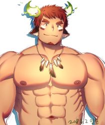 Rule 34 | 1boy, abs, absurdres, animal ears, bara, brown eyes, brown hair, cow boy, cow ears, cow horns, dark skin, dark-skinned male, dated, facial hair, feather necklace, fiery horns, forked eyebrows, glowing horns, goatee, highres, horns, large pectorals, looking at viewer, male focus, muscular, muscular male, navel, nipples, nude, pectorals, short hair, smile, solo, spiked hair, thick eyebrows, tokyo houkago summoners, upper body, wakan tanka, white background, yang geon