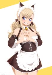Rule 34 | 1girl, absurdres, alternate costume, alternate hairstyle, animal ears, apron, asymmetrical bangs, back bow, bell, black dress, black ribbon, black sleeves, blonde hair, blue eyes, blush, bow, breasts, cleavage cutout, clothing cutout, collared dress, cowboy shot, detached sleeves, dress, eden&#039;s zero, enmaided, fake animal ears, frilled apron, frilled dress, frilled sleeves, frills, grin, hair ornament, hair ribbon, heart, heart hair ornament, highres, jingle bell, large breasts, lips, long hair, looking at viewer, low twintails, maid, maid headdress, neck bell, rebecca bluegarden, ribbon, smile, solo, standing, stayaliveplz, twintails, twitter username, waist apron, watermark, web address, white apron, white background, white bow, wing collar