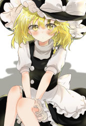 Rule 34 | 1girl, absurdres, apron, black hat, blonde hair, bloomers, bow, braid, expressionless, feet out of frame, hat, hat bow, highres, kirisame marisa, knees together feet apart, looking at viewer, shinonome (ichigotsuki), solo, touhou, underwear, waist apron, witch hat, yellow eyes