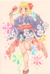 Rule 34 | 1girl, back bow, blonde hair, blue kimono, bow, brown eyes, fang, frilled kimono, frills, happy, highres, holding, japanese clothes, kimono, leg up, long sleeves, open mouth, painting (medium), red bow, rumia, shin1ar24, short hair, skin fang, slippers, solo, standing, standing on one leg, touhou, traditional media, watercolor (medium), watercolor pencil (medium), wide sleeves, yukata