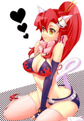 Rule 34 | 00s, 1girl, :3, animal ears, bad id, bad pixiv id, belt, bikini, bikini top only, breasts, breasts squeezed together, cat ears, cat tail, cleavage, elbow gloves, fingerless gloves, gloves, hair ornament, hairclip, heart, large breasts, long hair, ponytail, red hair, sako (namocake), scarf, short shorts, shorts, sitting, solo, swimsuit, tail, tengen toppa gurren lagann, thighhighs, yellow eyes, yoko littner