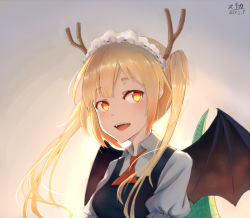 Rule 34 | 1girl, bad id, bad pixiv id, blonde hair, breasts, collared shirt, colored tips, dated, dragon girl, dragon horns, dragon tail, dragon wings, fangs, floating hair, green tail, highres, horns, itetsuku suika, kobayashi-san chi no maidragon, long hair, looking to the side, maid headdress, multicolored hair, necktie, open mouth, orange hair, red necktie, scales, shirt, short necktie, sidelocks, signature, simple background, slit pupils, solo, tail, tohru (maidragon), tongue, twintails, two-tone hair, upper body, white shirt, wings