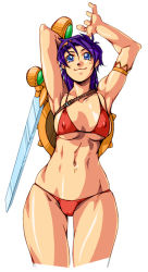 Rule 34 | 1girl, abs, armpits, arms up, athena (series), bikini, blue eyes, blue hair, breasts, covered erect nipples, hip focus, large breasts, long hair, matching hair/eyes, muscular, princess athena, purple hair, qkat (arikawa-dou), red bikini, short hair, snk, solo, swimsuit, sword, the king of fighters, weapon, wide hips