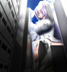 Rule 34 | 1girl, animal ears, bad id, bad nicoseiga id, city, destruction, from below, giant, giantess, highres, huge giantess, long hair, neva, one eye closed, open mouth, panties, purple hair, rabbit ears, red eyes, reisen udongein inaba, solo, striped clothes, striped panties, touhou, underwear, very long hair