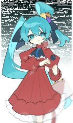 Rule 34 | 1girl, aqua eyes, aqua hair, asymmetrical hair, bag, black background, black ribbon, candy, closed mouth, commentary request, dress, eyeball hair ornament, feet out of frame, folded hair, food, hair ribbon, hatsune miku, hatsushiro mamimu, head tilt, highres, holding, holding bag, holding candy, holding food, holding lollipop, juliet sleeves, light blush, lollipop, long hair, long sleeves, looking at viewer, pillarboxed, pleated dress, psi (vocaloid), puffy sleeves, red dress, ribbon, sleeve cuffs, smile, solo, standing, straight-on, twintails, two-tone background, very long hair, vocaloid, white background