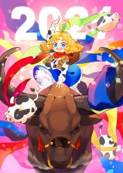 Rule 34 | 1girl, 2021, absurdres, ahoge, animal, animal print, blonde hair, bloomers, blue eyes, blue skirt, bright pupils, bull, chinese zodiac, cow, cow print, cowboy hat, cowboy western, frills, hat, highres, index finger raised, kidori, medium hair, neckerchief, open mouth, original, parted bangs, print shirt, riding, sheriff badge, shirt, signature, skirt, streamers, teeth, underwear, vest, white pupils, year of the ox