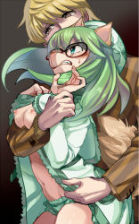 Rule 34 | 1boy, 1girl, animal ears, blush, breasts, cheadle yorkshire, dog ears, dog girl, dog tail, furry, furry female, furry with non-furry, glasses, green hair, hat, hunter x hunter, interspecies, long hair, nipples, pariston hill, tail