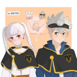 Rule 34 | 1boy, 1girl, asta (black clover), black clover, blush, earrings, embarrassed, green eyes, headband, holding hands, jewelry, noelle silva, open mouth, pink eyes, staring at eachother, staring at partner, suprise, twintails