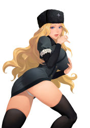 Rule 34 | 1girl, absurdres, ass, black thighhighs, blonde hair, blue dress, blue eyes, breasts, buttons, clenched teeth, commission, cowboy shot, double-breasted, dress, fighter, finger to mouth, frills, from behind, from below, fur hat, fur trim, hand on own chest, hands up, hat, highres, hongcasso, juliet sleeves, kneepits, kolin, large breasts, lips, long hair, long sleeves, looking at viewer, looking back, nose, panties, pantylines, pantyshot, pencil dress, puffy sleeves, pursed lips, russian clothes, grabbing own breast, short dress, simple background, skindentation, skirt, solo, street fighter, street fighter v, taut clothes, taut dress, taut skirt, teeth, thighhighs, thighs, tight clothes, tight dress, tsurime, underwear, ushanka, very long hair, wavy hair, white background, white panties, zettai ryouiki
