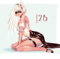 Rule 34 | 1girl, alternate costume, alternate footwear, artist name, bare shoulders, black hairband, blindfold, blue eyes, character name, choker, covered eyes, detached sleeves, dress, frills, full body, hairband, high heels, bridal garter, legs, lips, long dress, looking at viewer, making-of available, mole, mole under mouth, nier (series), nier:automata, no legwear, puffy short sleeves, puffy sleeves, reagan, see-through, short sleeves, sitting, solo, stiletto heels, strapless, strapless dress, veil, wariza, 2b (nier:automata)