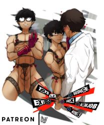 Rule 34 | 2boys, age difference, amamiya ren, black hair, glasses, highres, idoraad, lingerie, male focus, maruki takuto, multiple boys, muscular, muscular male, naughty face, penis, persona, persona 5, tagme, teacher, teacher and student, testicles, underwear, undressing, yaoi