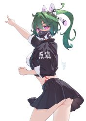 Rule 34 | 1girl, absurdres, alternate costume, animal ears, ass, black jacket, black skirt, body markings, breasts, cat ears, cqc no hashi neko, cropped jacket, fake animal ears, genshin impact, green hair, headgear, highres, jacket, kuki shinobu, looking at viewer, looking to the side, mask, miniskirt, mouth mask, pleated skirt, pointing, pointing up, ponytail, purple eyes, signature, simple background, skirt, sleeves rolled up, solo, thighs, white background