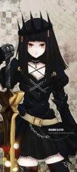 10s 1girl ayakohi belt black_hair black_rock_shooter crown dragon_slayer female_focus long_hair solo sword thighhighs weapon yellow_eyes