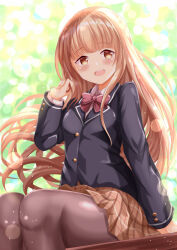 Rule 34 | 1girl, :d, black jacket, blazer, blurry, blurry background, blush, bow, breasts, brown eyes, brown hair, brown pantyhose, brown skirt, commentary request, depth of field, feet out of frame, hand up, highres, jacket, long hair, long sleeves, looking at viewer, open mouth, otonari no tenshi-sama ni itsu no mani ka dame ningen ni sarete ita ken, pantyhose, plaid, plaid skirt, pleated skirt, red bow, school uniform, shiina mahiru (otonari no tenshi-sama), skirt, small breasts, smile, solo, teeth, upper teeth only, very long hair, xenon (for achieve)