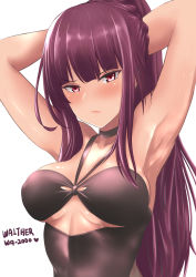 Rule 34 | 1girl, alternate hairstyle, armpits, arms behind head, black one-piece swimsuit, blush, braid, breasts, character name, closed mouth, clothing cutout, collarbone, crown braid, girls&#039; frontline, highres, large breasts, long hair, looking at viewer, official alternate costume, one-piece swimsuit, ponytail, purple hair, red eyes, sam desu, simple background, solo, sweat, swimsuit, tan, tsurime, underboob cutout, upper body, very long hair, wa2000 (girls&#039; frontline), wa2000 (op. manta ray) (girls&#039; frontline), white background