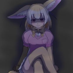 Rule 34 | 10s, 1girl, :3, animal ears, arms at sides, bad id, bad twitter id, blonde hair, blush, bow, bowtie, breast pocket, breasts, buttons, closed mouth, crossed legs, dress shirt, elbow gloves, empty eyes, eyebrows, facing viewer, fennec (kemono friends), fox ears, fox girl, gloves, hair between eyes, kemono friends, looking at viewer, medium breasts, miniskirt, multicolored hair, pink shirt, pleated skirt, pocket, puffy short sleeves, puffy sleeves, shaded face, shirt, short hair, short sleeves, sitting, skirt, solo, thighhighs, undershirt, white hair, white shirt, white skirt, yellow bow, yellow bowtie, yellow gloves, yellow thighhighs, yokoyan9322, zettai ryouiki
