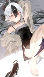 Rule 34 | 1girl, armpits, artist name, ass, barefoot, black choker, black dress, black hair, black horns, blue archive, blush, breasts, choker, demon horns, demon wings, dress, feet, foot out of frame, grey halo, grey jacket, hair between eyes, halo, haruri, highres, horns, jacket, jewelry, kayoko (blue archive), kayoko (dress) (blue archive), knee up, legs, long hair, long sleeves, multicolored hair, necklace, official alternate costume, open clothes, open jacket, open mouth, purple wings, red eyes, signature, single wing, small breasts, solo, toenails, toes, white hair, wings