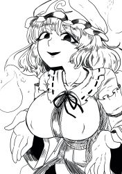 Rule 34 | 1girl, breasts, covered erect nipples, greyscale, hat, highres, himajin noizu, hitodama, large breasts, long sleeves, looking at viewer, mob cap, monochrome, neck ribbon, open mouth, ribbon, saigyouji yuyuko, short hair, simple background, solo, touhou, triangular headpiece, upper body, white background