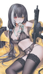 Rule 34 | 1girl, black bra, black gloves, black hair, black panties, black skirt, bra, breasts, cleavage, colt 9mm smg, commentary, dmith, english commentary, feet out of frame, garter belt, garter straps, girls&#039; frontline, gloves, gun, heterochromia, highres, holding, holding gun, holding weapon, id card, in mouth, jacket, lanyard, lingerie, long hair, looking at viewer, lying, medium breasts, mod3 (girls&#039; frontline), multicolored hair, noveske space invader, open clothes, open jacket, panties, red eyes, ro635 (girls&#039; frontline), ro635 (mod3) (girls&#039; frontline), skirt, solo, streaked hair, submachine gun, thighhighs, underwear, weapon, white background, white hair, yellow eyes, yellow jacket