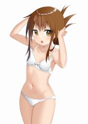 Rule 34 | 1girl, amano miyako, blush, bow, bow bra, bra, breasts, brown eyes, brown hair, chestnut mouth, collarbone, commentary request, hair bun, hand in own hair, inazuma (kancolle), kantai collection, looking at viewer, navel, panties, simple background, single hair bun, small breasts, solo, underwear, underwear only, white background, white bra, white panties