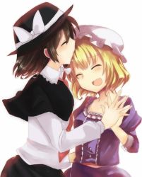 Rule 34 | 2girls, :d, ^ ^, blonde hair, blush, bow, brown hair, capelet, closed eyes, closed eyes, female focus, friends, from side, holding hands, happy, hat, hat bow, kiss, laughing, maribel hearn, multiple girls, necktie, open mouth, sakuzora, short hair, smile, touhou, usami renko, white background, yuri