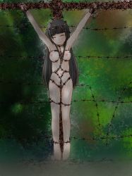 Rule 34 | 1girl, barbed wire, barefoot, black hair, blush, closed eyes, cross, crown of thorns, crucifixion, grimace, highres, long hair, navel, nipples, nude, original, shibari, sweat, whip marks