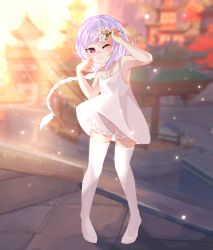 Rule 34 | 1girl, 3;, alternate costume, architecture, armpits, bloomers, blurry, braid, braided ponytail, building, casual, commentary, contemporary, depth of field, dress, east asian architecture, flower, genshin impact, hair between eyes, highres, hiroside, holding, holding flower, long hair, looking at viewer, low twintails, one eye closed, purple eyes, purple hair, qiqi (genshin impact), sidelocks, single braid, skyline, sleeveless, sleeveless dress, solo, thighhighs, twintails, underwear, white dress, white thighhighs, wind, zettai ryouiki
