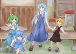 Rule 34 | 4girls, :o, ascot, black footwear, black skirt, black vest, blonde hair, blue bow, blue dress, blue eyes, blue hair, blue shirt, blue skirt, blue vest, bow, bowtie, brown footwear, building, cirno, collar, commentary request, daiyousei, dress, fairy wings, green eyes, green hair, grin, hair bow, hair ribbon, highres, holding hands, ice, ice wings, kamishirasawa keine, loafers, long hair, long sleeves, mary janes, multiple girls, necktie, no headwear, outstretched arm, paper, ponytail, red bow, red eyes, red necktie, red ribbon, ribbon, rumia, shirt, shoes, short hair, short sleeves, shou (ahiru shinobu), skirt, smile, bow legwear, socks, stool, table, touhou, vest, wings, yellow bow, yellow eyes