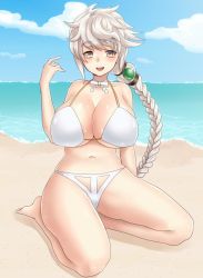 Rule 34 | 10s, 1girl, alternate costume, arm at side, asymmetrical hair, bare shoulders, beach, bikini, braid, breasts, day, gradient background, huge breasts, jitome, kantai collection, keita (tundereyuina), long hair, looking at viewer, navel, open mouth, silver hair, single braid, sitting, solo, stomach, swimsuit, underboob, unryuu (kancolle), very long hair, wariza, white bikini, yellow eyes