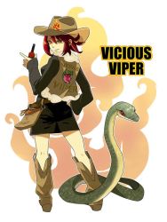 Rule 34 | animal, boots, cowboy boots, cowboy hat, cowboy western, full body, hat, hot sauce, original, pouch, red hair, regain, short hair, skirt, snake, solo, standing, vest, yellow eyes