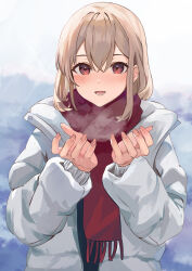 Rule 34 | 1girl, absurdres, blush, breath, brown eyes, brown hair, day, down jacket, hair between eyes, hands up, highres, hz paris, jacket, long hair, long sleeves, looking at viewer, open clothes, open jacket, open mouth, original, outdoors, red scarf, scarf, smile, solo, upper body, white jacket, winter