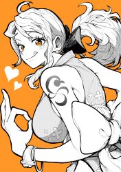 Rule 34 | 1girl, :p, absurdres, bare shoulders, blush, bracelet, closed mouth, commentary request, earrings, greyscale with colored background, hair ornament, hair ribbon, heart, highres, jewelry, log pose, long hair, looking at viewer, monochrome, nami (one piece), ok sign, one piece, orange background, orange eyes, ponytail, ribbon, shoulder tattoo, smile, solo, tattoo, tongue, tongue out, yotsumi shiro
