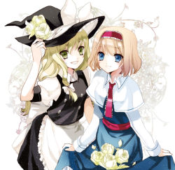 Rule 34 | 2girls, alice margatroid, apron, bad id, bad pixiv id, blonde hair, blue eyes, bow, capelet, cierra (ra-bit), clothes lift, dress, dress lift, female focus, flower, green eyes, grin, hair bow, hairband, hand on headwear, hat, hat flower, kirisame marisa, long hair, long sleeves, multiple girls, open mouth, petals, puffy sleeves, ra-bit, rose, short hair, short sleeves, skirt basket, smile, touhou, white flower, white rose, witch, witch hat, yellow eyes