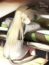 Rule 34 | 1girl, animal ears, backpack, bag, birthday, blonde hair, blush, cat ears, closed eyes, dated, english text, happy birthday, heart, heart of string, helma lennartz, long hair, military, military uniform, profile, sandwich (artist), shirt, sitting, sleeping, solo, strike witches, strike witches: suomus misfits squadron, striker unit, tail, tsuchii (ramakifrau), uniform, world witches series