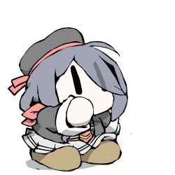 Rule 34 | 1girl, ariake (kancolle), beret, black hat, black jacket, brown footwear, chibi, collared shirt, commentary request, grey skirt, hair over one eye, hair ribbon, hat, jacket, kantai collection, long hair, long sleeves, low ponytail, necktie, no mouth, pleated skirt, purple hair, red necktie, red ribbon, ribbon, shirt, shoes, simple background, skirt, solo, task (s task80), white background, white shirt, | |