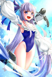 Rule 34 | 1girl, :d, animal, arm up, armpits, bare shoulders, bird, blue eyes, blue one-piece swimsuit, blue sky, choker, collarbone, covered navel, day, fate/grand order, fate (series), frills, groin, highres, light purple hair, long hair, long sleeves, looking at viewer, meltryllis, meltryllis (fate), meltryllis (swimsuit lancer) (fate), meltryllis (swimsuit lancer) (second ascension) (fate), one-piece swimsuit, open mouth, penguin, puffy sleeves, rukinya (nyanko mogumogu), sky, smile, solo, sunlight, swimsuit, thighs, very long hair, wading, water