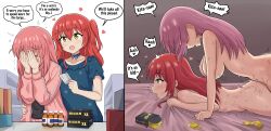 Rule 34 | 2girls, absurdres, ass, bed sheet, blue dress, blush, bocchi the rock!, breasts, buying condoms, card, completely nude, condom, condom box, condom wrapper, covering face, credit card, dress, energy drink, english text, from side, futa with female, futanari, gotoh hitori, green eyes, hair between eyes, heart, heart-shaped pupils, highres, holding, holding card, implied futanari, jacket, kita ikuyo, kurofuro, large breasts, long hair, long sleeves, lying, multiple girls, nude, on stomach, one side up, open mouth, pink hair, pink jacket, prone bone, red hair, sex, sex from behind, sheet grab, short sleeves, speech bubble, sweat, symbol-shaped pupils, track jacket, trembling