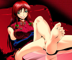 Rule 34 | 1girl, 846-gou, aqua eyes, bad id, bad pixiv id, barefoot, braid, china dress, chinese clothes, dress, elbow gloves, evil grin, evil smile, feet, feet on table, female focus, gloves, grin, hong meiling, immaterial and missing power, crossed legs, long hair, red hair, sitting, smile, soles, solo, touhou, twin braids, wall-eyed