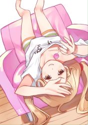 Rule 34 | 1girl, barefoot, blonde hair, candy, chair, clothes writing, collarbone, downblouse, floor, food, futaba anzu, grin, hair tie, hand up, highres, holding, idolmaster, idolmaster cinderella girls, legs up, lollipop, long hair, looking at viewer, low twintails, lying, on back, orange eyes, orange hair, oversized clothes, oversized shirt, shirt, short sleeves, shorts, smile, solo, sou (pale 1080), spread legs, striped clothes, striped shorts, twintails, upside-down, v-shaped eyebrows, white shirt, wooden floor, you work you lose