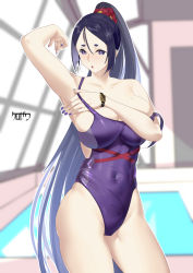 Rule 34 | 1girl, arm up, armpits, bare shoulders, blush, breasts, cleavage, collarbone, competition swimsuit, covered navel, fate/grand order, fate (series), highleg, highleg swimsuit, highres, kurozawa yui, large breasts, long hair, looking at viewer, minamoto no raikou (fate), nail polish, one-piece swimsuit, open mouth, parted bangs, ponytail, pool, purple eyes, purple hair, purple one-piece swimsuit, rei no pool, solo, swimsuit, thighs, very long hair