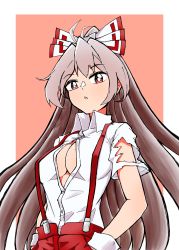 Rule 34 | 1girl, absurdres, bow, breasts, bright pupils, buttons, cleavage, collared shirt, fujiwara no mokou, grey hair, gurajio, hair bow, highres, large breasts, letterboxed, long hair, looking at viewer, open mouth, orange background, pants, red eyes, red pants, shirt, short sleeves, simple background, solo, suspenders, torn clothes, torn sleeves, touhou, white pupils, white shirt