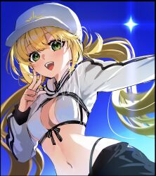 Rule 34 | 1girl, artoria caster (fate), artoria caster (swimsuit) (fate), artoria caster (swimsuit) (first ascension) (fate), artoria pendragon (fate), baseball cap, bikini, blonde hair, blush, breasts, commentary request, cropped jacket, fate/grand order, fate (series), galibo, green eyes, hat, highres, jacket, long hair, looking at viewer, medium breasts, navel, smile, solo, stomach, swimsuit, teeth, twintails, upper teeth only, v, very long hair, white bikini, white hat, white jacket