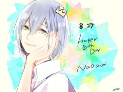 Rule 34 | 1boy, character name, green eyes, happy birthday, high speed!, looking at viewer, male focus, mito h, purple hair, serizawa nao, short hair, simple background, smile, solo, tareme