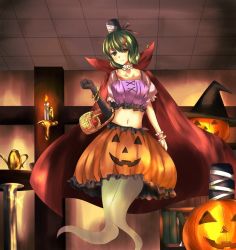Rule 34 | 1girl, ai ai gasa, basket, black gloves, book, bookshelf, bracelet, breasts, candle, cape, ceiling, collarbone, crop top, detached collar, elbow gloves, english text, fire, fire, floating, food, fruit, ghost tail, gloves, green eyes, green hair, hair ornament, hairclip, halloween, happy halloween, hat, indoors, jack-o&#039;-lantern, jewelry, kakuteru sudachi, looking down, matching hair/eyes, medium breasts, miao zhao sudachi, midriff, navel, room, shirt, short hair, single elbow glove, soga no tojiko, solo, table, teapot, tiles, touhou, white shirt, witch hat, wrist cuffs