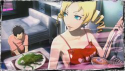 Rule 34 | 1boy, 1girl, apron, atlus, bed, blue eyes, catherine, catherine (game), cooking, couple, drill hair, eyeball, indoors, lowres, naked apron, twin drills, vincent brooks
