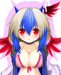 Rule 34 | 1girl, asamura hiori, blue hair, blush, bra, breasts, choker, fang, grey hair, head wings, highres, horns, large breasts, lingerie, looking at viewer, multicolored hair, open clothes, pink bra, pov, red wings, short hair, single head wing, solo, teasing, tokiko (touhou), touhou, two-tone hair, underwear, wings