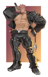 Rule 34 | 1boy, abs, artist name, bara, bare pectorals, beard, belt, belt bag, boots, ear piercing, earrings, facial hair, flower, gomtang, harness, jacket, jewelry, knee pads, large pectorals, leather, leather belt, leather jacket, leather pants, looking at viewer, male focus, manly, muscular, muscular male, navel, navel hair, navel piercing, nipple piercing, nipples, open clothes, open jacket, original, pants, pectorals, piercing, pink eyes, pink hair, skull, skull ornament, solo, spiked hair, spikes, thick arms, thick eyebrows, thick thighs, thighs, torn clothes, weapon, weapon on back, whip